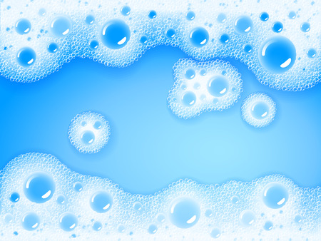 Soap sud. Vector transparent foam on blue water backgroundのイラスト素材