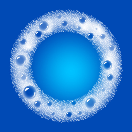 Soap foam overlying on the background of a blue water color. Transparent vector frameのイラスト素材
