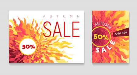Autumn Sale flyers set with abstract fall backgrounds. One editable gradient per flower for easy recolorのイラスト素材