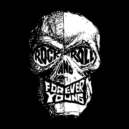 Rock and Roll, Forever Young hand-drawn black and white lettering with skull. Eps8. RGB. Global colorのイラスト素材