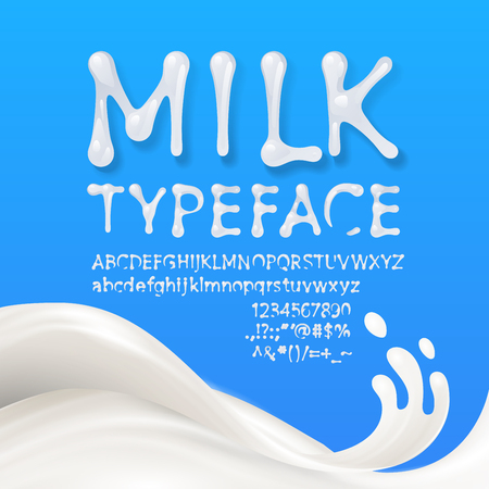 Milk uppercase and lowercase alphabets with symbols and numbers isolated on blue background with milk splash. Eps10. RGBのイラスト素材