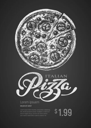 Pizza. Vector chalk drawing and lettering on blackboard. RGB Global colorsのイラスト素材