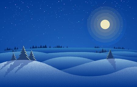 Winter night landscape with snow drifts, trees and night starry sky with moonのイラスト素材