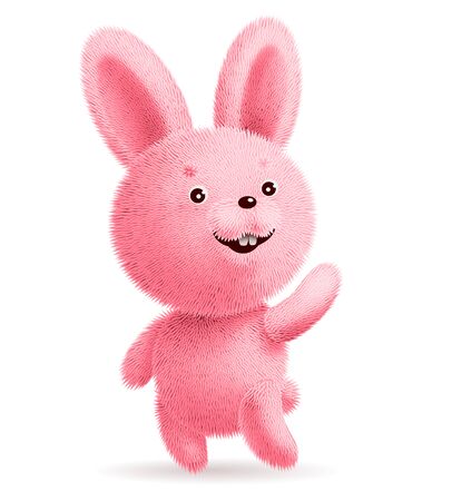 Pink fluffy rabbit standing and waving its paw. RGB. Global colorsのイラスト素材