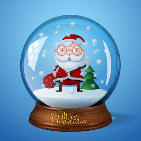 Snow globe with Santa Claus and Christmas tree on blue backgroundのイラスト素材