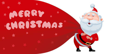 Merry Christmas. Cartoon Santa Claus standing with huge bag of giftsのイラスト素材