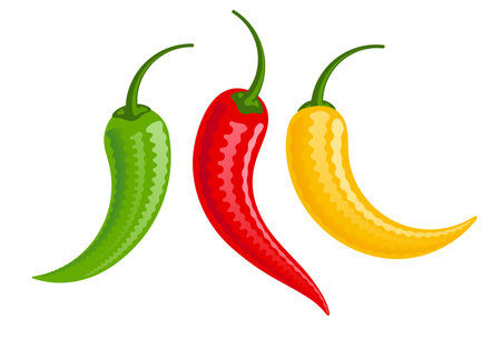 Cartoon red, green and yellow Chilli peppers vector illustration isolated on white backgroundのイラスト素材