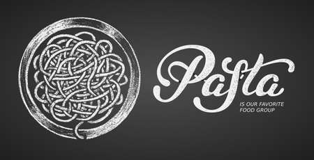 Pasta elegant hand written vector lettering isolated on black background with chalk plate of pastaのイラスト素材