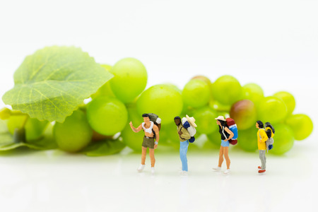 Miniature people: Traveler, backpacker with fruit . Image use for background travel and food...