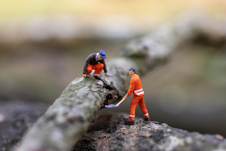 Miniature people: Logger wood cutting for house construction, using image for business concept.の写真素材