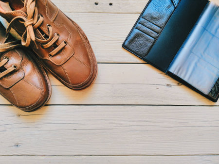 Brown leather men's shoes, and a black leather business card holderの写真素材