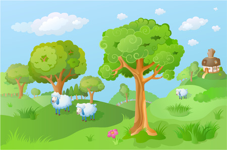 Lamb in the cartoon landscape. Fairy house is seen in the distance. Funny cartoon and vector sceneのイラスト素材