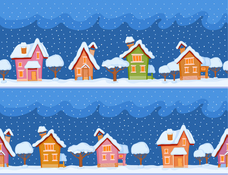 Childish seamless pattern with little snow-covered houses and trees. The evening comes and the snow fallsのイラスト素材