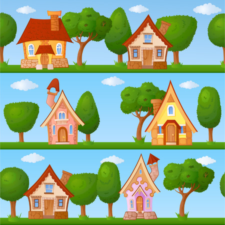 Backgrounds of summer streets with fabulous houses and treesのイラスト素材