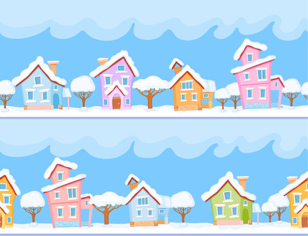 Backgrounds of winter streets with fabulous houses and treesのイラスト素材