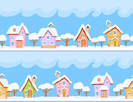 Backgrounds of winter streets with fabulous houses and treesのイラスト素材