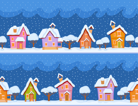 Backgrounds of winter streets with fabulous houses and trees. The evening comes and the snow fallsのイラスト素材