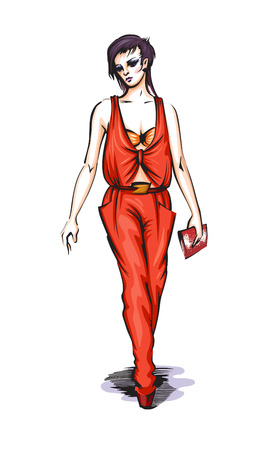 Fashionable vector woman in the red overallsのイラスト素材