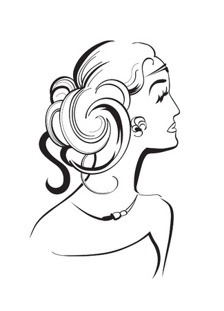 Beautiful vintage fashion women with abstract hair and design elementsのイラスト素材