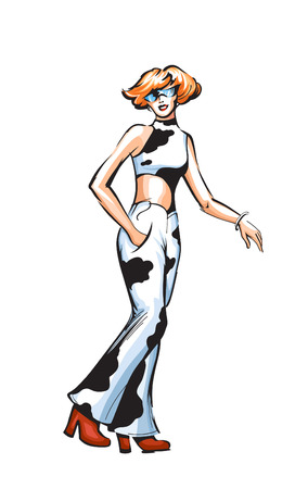 Fashionable vector woman in overalls with cow printのイラスト素材