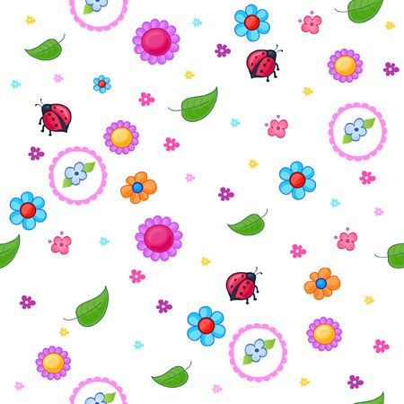 Backgrounds of the things that little girls play. It consists of cheerful flowers, leaves and ladybugsのイラスト素材