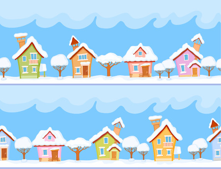 Backgrounds of winter streets with fabulous houses and treesのイラスト素材