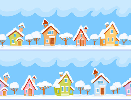 Backgrounds of winter streets with fabulous houses and treesのイラスト素材