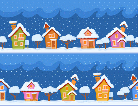 Backgrounds of winter streets with fabulous houses and trees. The evening comes and the snow fallsのイラスト素材
