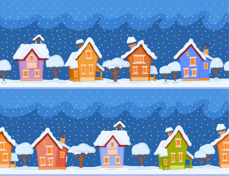 Backgrounds of winter streets with fabulous houses and trees. The evening comes and the snow fallsのイラスト素材