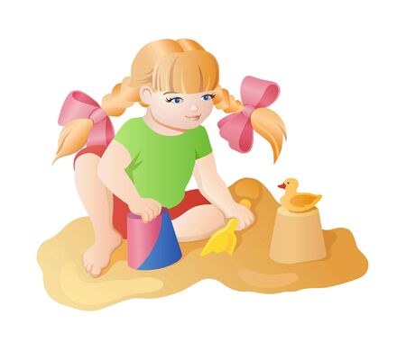 Little girl with pigtails playing in the sandbox. It builds a figure out of the sand and has a ducklingのイラスト素材