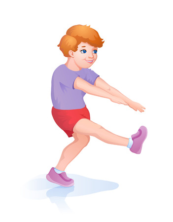 Cartoon boys doing exercises. He is dressed in a bright sportswear and has a very good moodのイラスト素材