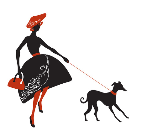 Fashionable lady in dress with patterns tries to keep his dog on a leashのイラスト素材