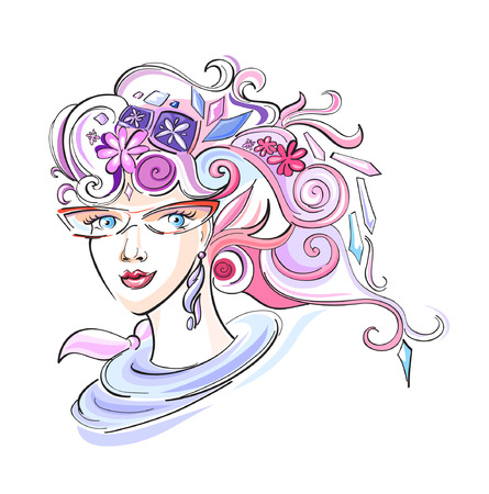 Beautiful fashion girl with abstract varicolored hair and design elementsのイラスト素材