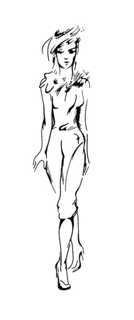 abstract vector fashion girl in a hatのイラスト素材