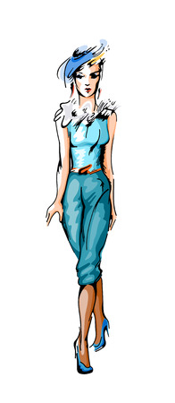 abstract vector fashion girl dressed in blue tonesのイラスト素材