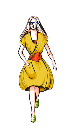 Fashionable vector woman in a yellow dressのイラスト素材