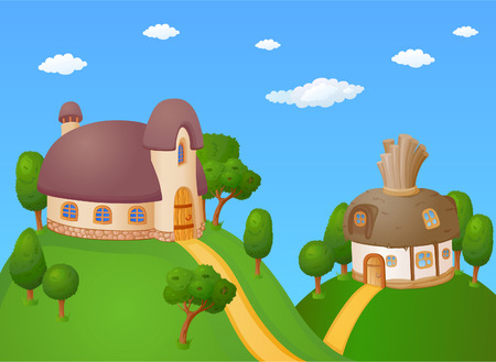 Childish cartoon landscape with little houses and treesのイラスト素材