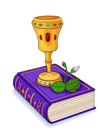 Magic gold cup inlaid with precious stones, which stands on the book cover, embossed in goldのイラスト素材