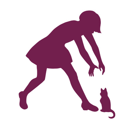 Silhouette of  little girl playing with kittenのイラスト素材