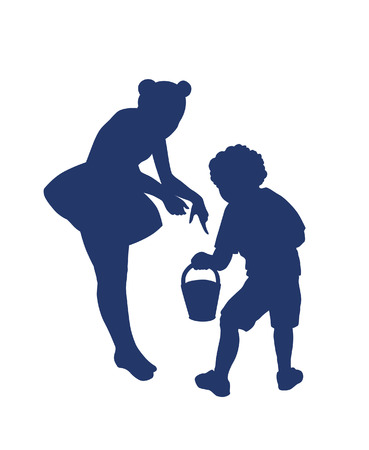 Silhouette of  little boy and girl playing togetherのイラスト素材