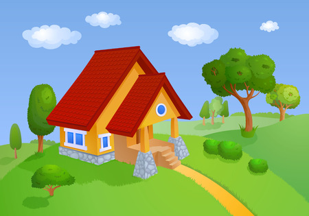 House with a red roof is located in the hills with treesの写真素材
