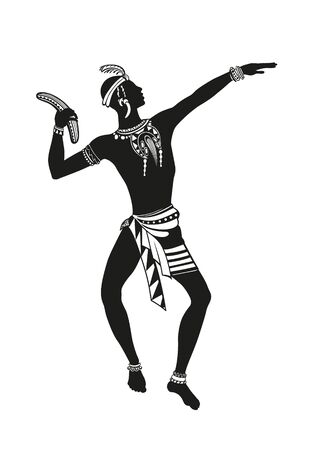 African man in traditional costume dancing ritual dance with a boomerangの写真素材