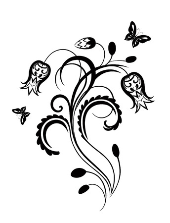 Abstract silhouette of decorative butterflies and flowers. It is designed to decorate. Maybe for tattooのイラスト素材