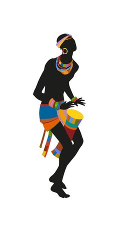 African man playing drums in bright national costumeの写真素材