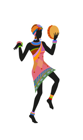 African woman in bright national costume dance dancing with a tambourineの写真素材