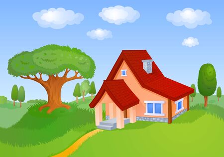 House with a red roof is located in the hills with treesの写真素材