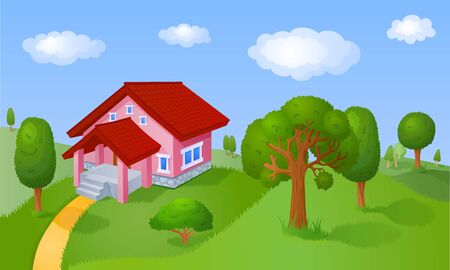 House with a red roof is located in the hills with treesの写真素材