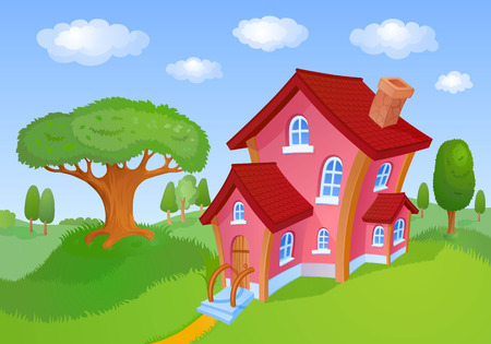 House with a red roof is located in the hills with treesの写真素材