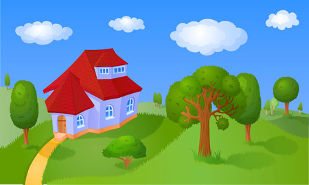 House with a red roof is located in the hills with treesの写真素材