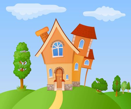 The facade of a small house in a landscapeのイラスト素材